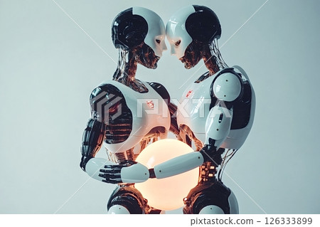 Two robots holding glowing sphere, artificial intelligence and parenthood 126333899