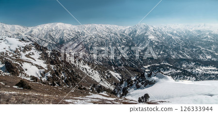 Amirsoy, Amirsay snowy rocks, mountains in Uzbekistan. Panorama 126333944