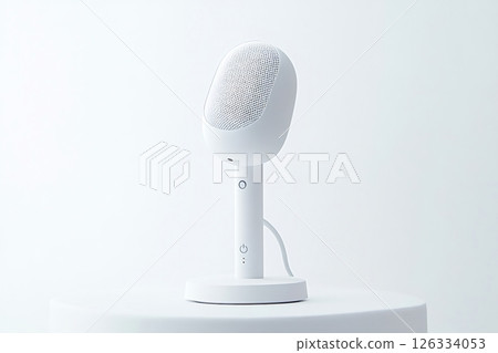 Modern microphone standing on white surface with power button 126334053