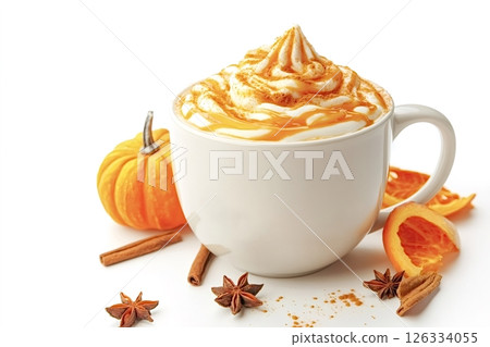Pumpkin spice latte with whipped cream, spices and pumpkin on white background 126334055