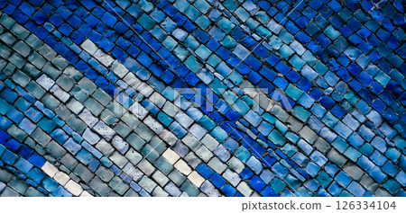 Gradient flow of square tiles in cold color scheme, minimal tech visual texture. Blue mosaic wall with abstract pixel lines and modern clean composition Banner 126334104
