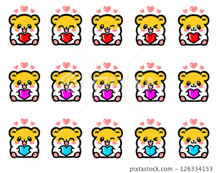 Illustration material set of cute golden hamsters holding hearts 126334153