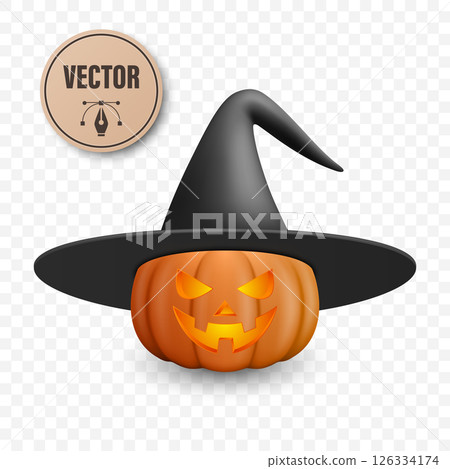 Vector Halloween Pumpkin with Witch Hat. Glowing Jack-o-Lantern with Spooky Smile and Witch Hat for Halloween Party Decor. Halloween Digital Clipart 126334174