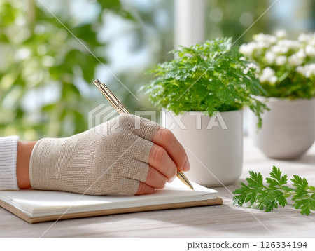 Female wearing compression glove writing in notebook on bright day with indoor plants. Female wearing compression glove writing in notebook on bright day with indoor plants. 126334194