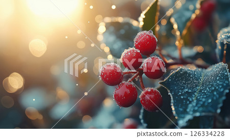 Frosted Red Berries and Holly Leaves at Christmas Sunrise Frosted Red Berries and Holly Leaves at Christmas Sunrise 126334228