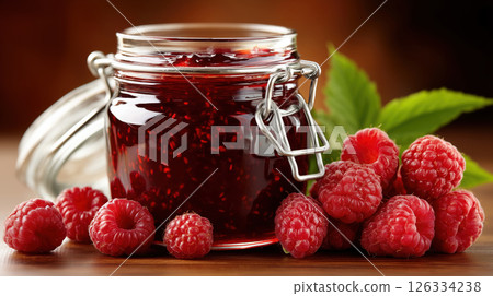 Jar of Raspberry Jam with Fresh Raspberries on Wooden Table 126334238