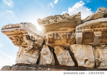 Carved entablature and frieze details from the Temple of Trajan in Pergamon Turkey Carved entablature and frieze details from the Temple of Trajan in Pergamon Turkey 126334305