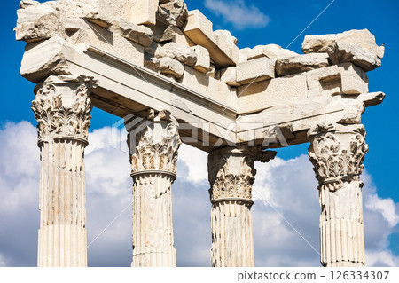 Detailed view of Corinthian columns of  the Temple of Trajan in Pergamon Turkey 126334307