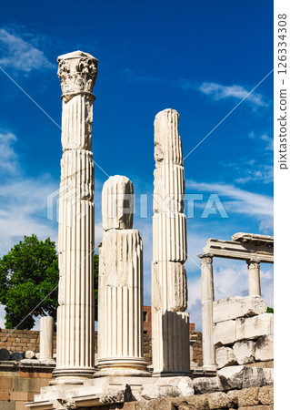 Temple of Trajan ruins with marble columns at Pergamon acropolis in Turkey 126334308