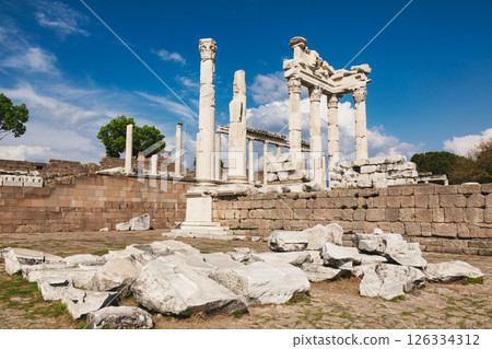 Temple of Trajan ruins with marble columns at Pergamon acropolis in Turkey Temple of Trajan ruins with marble columns at Pergamon acropolis in Turkey 126334312
