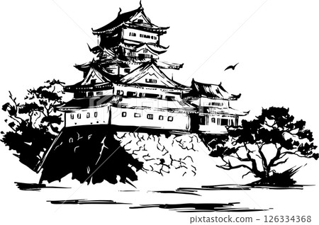 Japanese Castle Ink Painting Japanese Castle Ink Painting 126334368