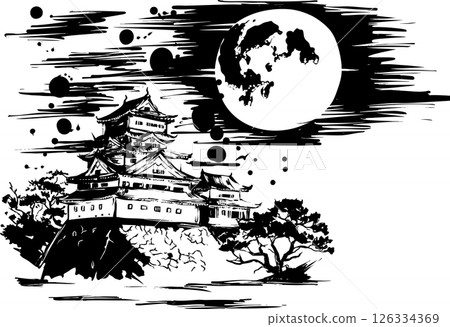 Japanese castle and moon ink painting Japanese castle and moon ink painting 126334369