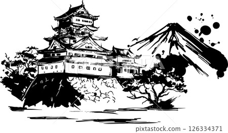 Japanese castle and mountain ink painting Japanese castle and mountain ink painting 126334371