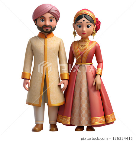 3d cartoon illustration of indian wedding couple in traditional attire, festive hindu ceremony 3d cartoon illustration of indian wedding couple in traditional attire, festive hindu ceremony 126334415