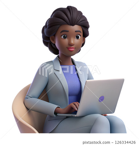 Black businesswoman working on laptop, professional 3d character illustration, remote work concept Black businesswoman working on laptop, professional 3d character illustration, remote work concept 126334426