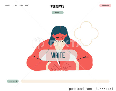 Writing people, modern flat vector concept illustration- sitting woman thoughtfully writing on paper, bubble near head Metaphor for reflection, personal insight, contemplation, creative expression 126334431