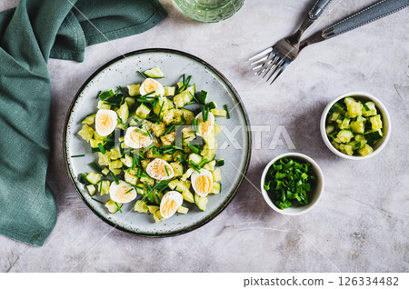 Fresh salad of cucumbers, quail eggs and green onions on a plate on the table top view Fresh salad of cucumbers, quail eggs and green onions on a plate on the table top view 126334482