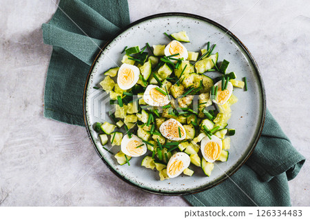 Close up of fresh salad of cucumbers, quail eggs and green onions on a plate top view Close up of fresh salad of cucumbers, quail eggs and green onions on a plate top view 126334483
