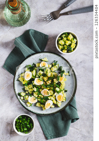 Appetizing mix of cucumbers, eggs and chives on a plate on the table top and vertical view Appetizing mix of cucumbers, eggs and chives on a plate on the table top and vertical view 126334484