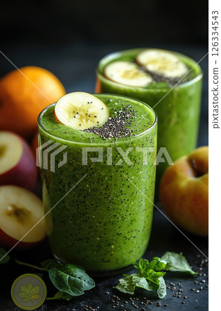 Green smoothie with fresh leaf vegetables, fruits, herbs, and chia seeds 126334543