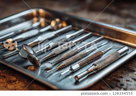 Sterilized dental tools on a metal tray ready to be used 126334555