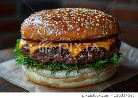 A juicy smash burger on a cutting board and crispy golden edges 126334585