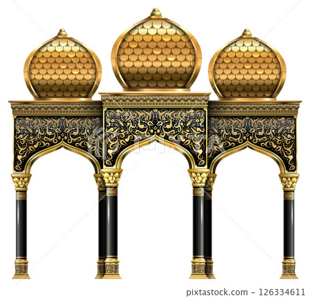 The luxurious entrance of the palace with golden arches The luxurious entrance of the palace with golden arches 126334611