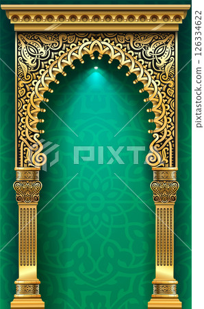 The luxurious entrance of the palace with golden arches The luxurious entrance of the palace with golden arches 126334622