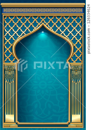 The luxurious entrance of the palace with golden arches 126334624