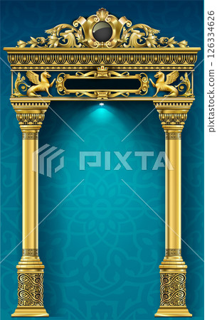 The luxurious entrance of the palace with golden arches The luxurious entrance of the palace with golden arches 126334626