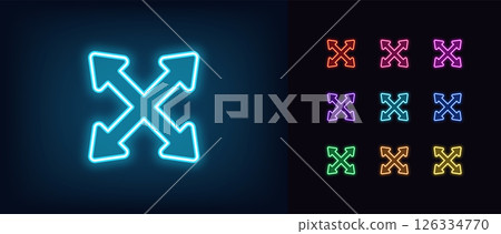 Outline neon scale arrow icon. Glowing neon scale size icon with arrow cross, expand interface. Full screen, increase display size, enlarge scale, zoom control, resize tool, maximize. Vector icon set 126334770