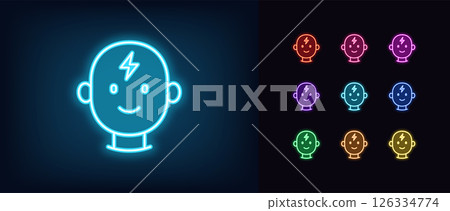 Outline neon mind energy icon. Glowing neon human head with smile and lightning icon, positive mind. Mental health, brainstorm, intelligence charge, mind power, creative idea energy. Vector icon set Outline neon mind energy icon. Glowing neon human head with smile and lightning icon, positive mind. Mental health, brainstorm, intelligence charge, mind power, creative idea energy. Vector icon set 126334774