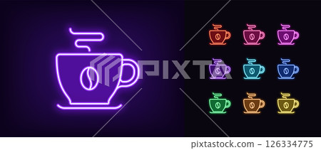 Outline neon coffee mug icon. Glowing neon coffee cup with grain icon and aroma, good morning. Natural grain coffee, espresso cup, americano mug, organic product, hot drink. Vector icon set 126334775