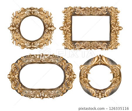 Golden Decorative Ornaments Old Frame Set in Victorian baroque vintage style. Design element for paint or mirror. Watercolor hand painted isolated illustration for wedding design, invitation 126335116
