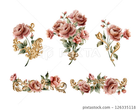 Roses with golden decorative vintage ornaments set in Victorian baroque style. Dusty pink flower arrangement. Watercolor hand painted floral isolated illustration wedding design, porcelain crockery Roses with golden decorative vintage ornaments set in Victorian baroque style. Dusty pink flower arrangement. Watercolor hand painted floral isolated illustration wedding design, porcelain crockery 126335118