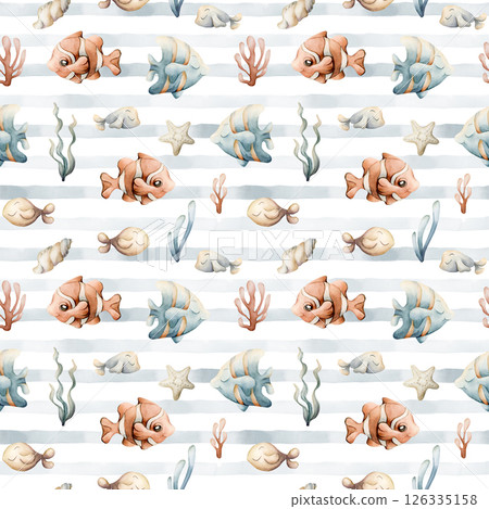 Sea Fishes Shells Seaweeds. Watercolor hand painted summer blue striped seamless pattern on white background. Cute pastel neutral underwater ocean marine life for kids baby nursery textile fabric Sea Fishes Shells Seaweeds. Watercolor hand painted summer blue striped seamless pattern on white background. Cute pastel neutral underwater ocean marine life for kids baby nursery textile fabric 126335158