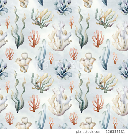 Sea plants. Seaweeds coral sponge. Watercolor hand painted summer seamless pattern on blue background. Cute pastel neutral underwater ocean marine life for kids baby nursery textile fabric, wrapping Sea plants. Seaweeds coral sponge. Watercolor hand painted summer seamless pattern on blue background. Cute pastel neutral underwater ocean marine life for kids baby nursery textile fabric, wrapping 126335181