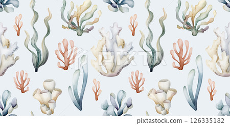 Sea plants. Seaweeds coral sponge. Watercolor hand painted summer seamless pattern on blue background. Cute pastel neutral underwater ocean marine life for kids baby nursery textile fabric, wrapping Sea plants. Seaweeds coral sponge. Watercolor hand painted summer seamless pattern on blue background. Cute pastel neutral underwater ocean marine life for kids baby nursery textile fabric, wrapping 126335182