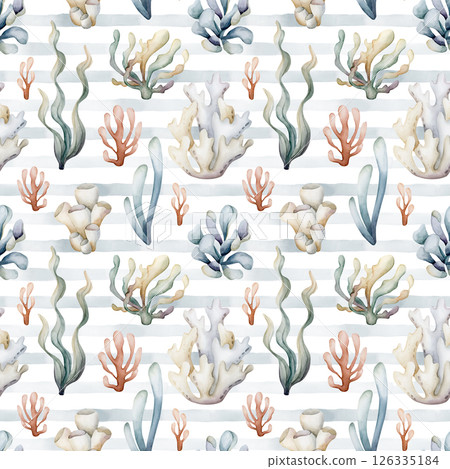 Sea plants. Seaweeds coral sponge. Watercolor hand painted summer blue striped seamless pattern on white background. Cute pastel underwater ocean marine life for kids baby nursery textile fabric 126335184