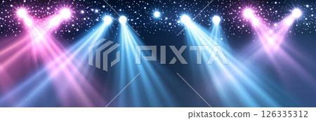 Blue and purple disco light rays in neon banner stage spotlights background Blue and purple disco light rays in neon banner stage spotlights background 126335312