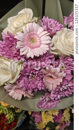Bouquet of soft pink gerberas, purple chrysanthemums Bouquet of soft pink gerberas, purple chrysanthemums 126335337