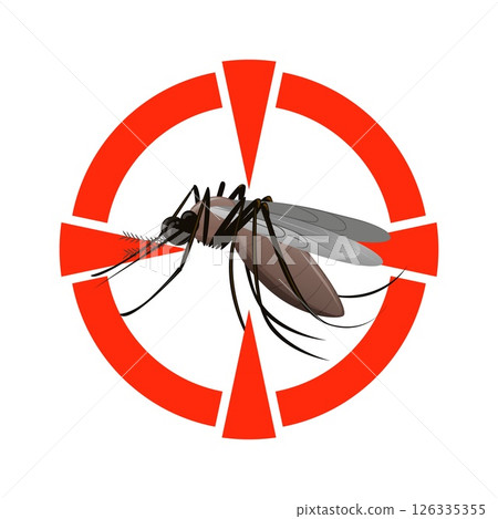 Caution sign warning about mosquitos. Red circle sign with dangerous Caution sign warning about mosquitos. Red circle sign with dangerous 126335355