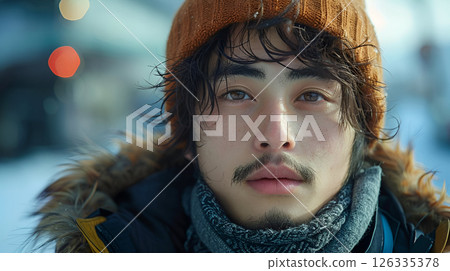 A young man stands in a winter landscape, dressed in warm clothes, surrounded by snow 126335378