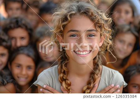 Children gathered outdoors with a smiling girl in front, enjoying a carefree moment together 126335384