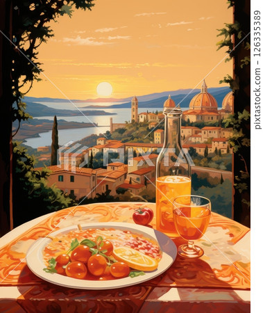 Vintage Italian landscape poster capturing the essence of La Dolce Vita, with romantic tones, classic architecture, and coastal or countryside scenery. 126335389