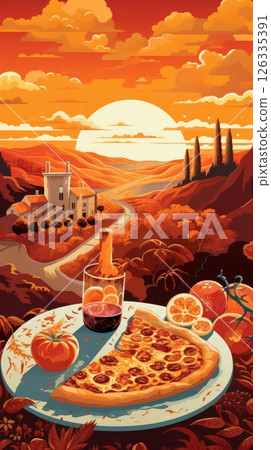 Vintage Italian landscape poster capturing the essence of La Dolce Vita, with romantic tones, classic architecture, and coastal or countryside scenery. 126335391