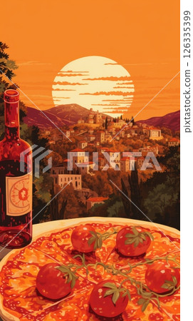 Vintage Italian landscape poster capturing the essence of La Dolce Vita, with romantic tones, classic architecture, and coastal or countryside scenery. 126335399