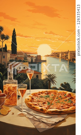 Vintage Italian landscape poster capturing the essence of La Dolce Vita, with romantic tones, classic architecture, and coastal or countryside scenery. Vintage Italian landscape poster capturing the essence of La Dolce Vita, with romantic tones, classic architecture, and coastal or countryside scenery. 126335413