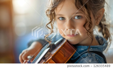 A young girl is focused on playing the violin while looking at the camera A young girl is focused on playing the violin while looking at the camera 126335489