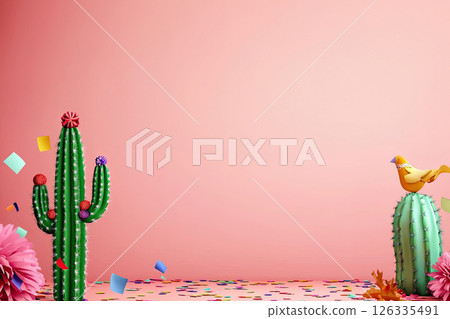 Empty table with wicker place mat and cactus decoration over pink wall background. Mexican party mock up for design and product display. Ai generated Empty table with wicker place mat and cactus decoration over pink wall background. Mexican party mock up for design and product display. Ai generated 126335491